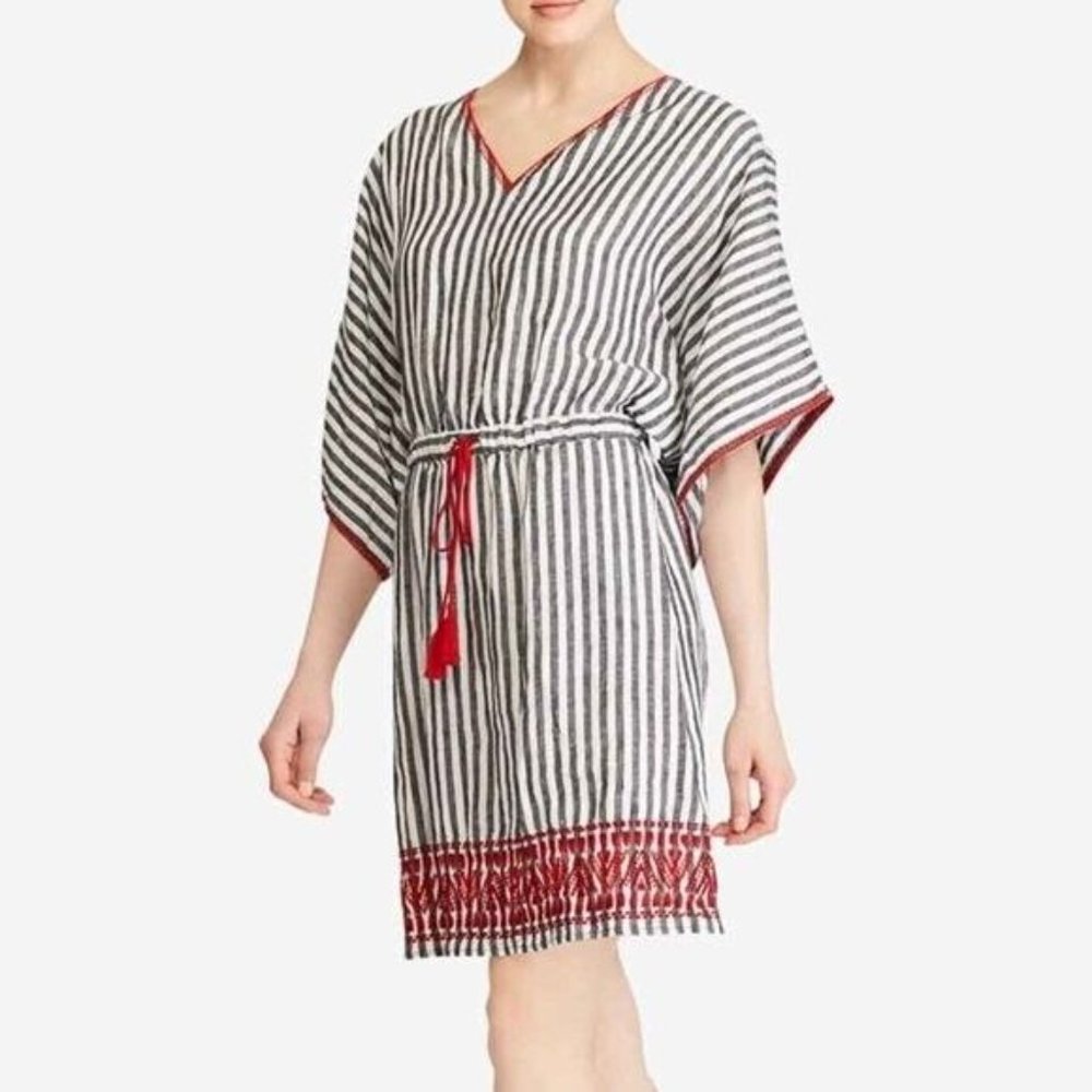 Lauren Ralph Lauren 18W Linen Dress Black White Stripe Embroidered MSRP $175